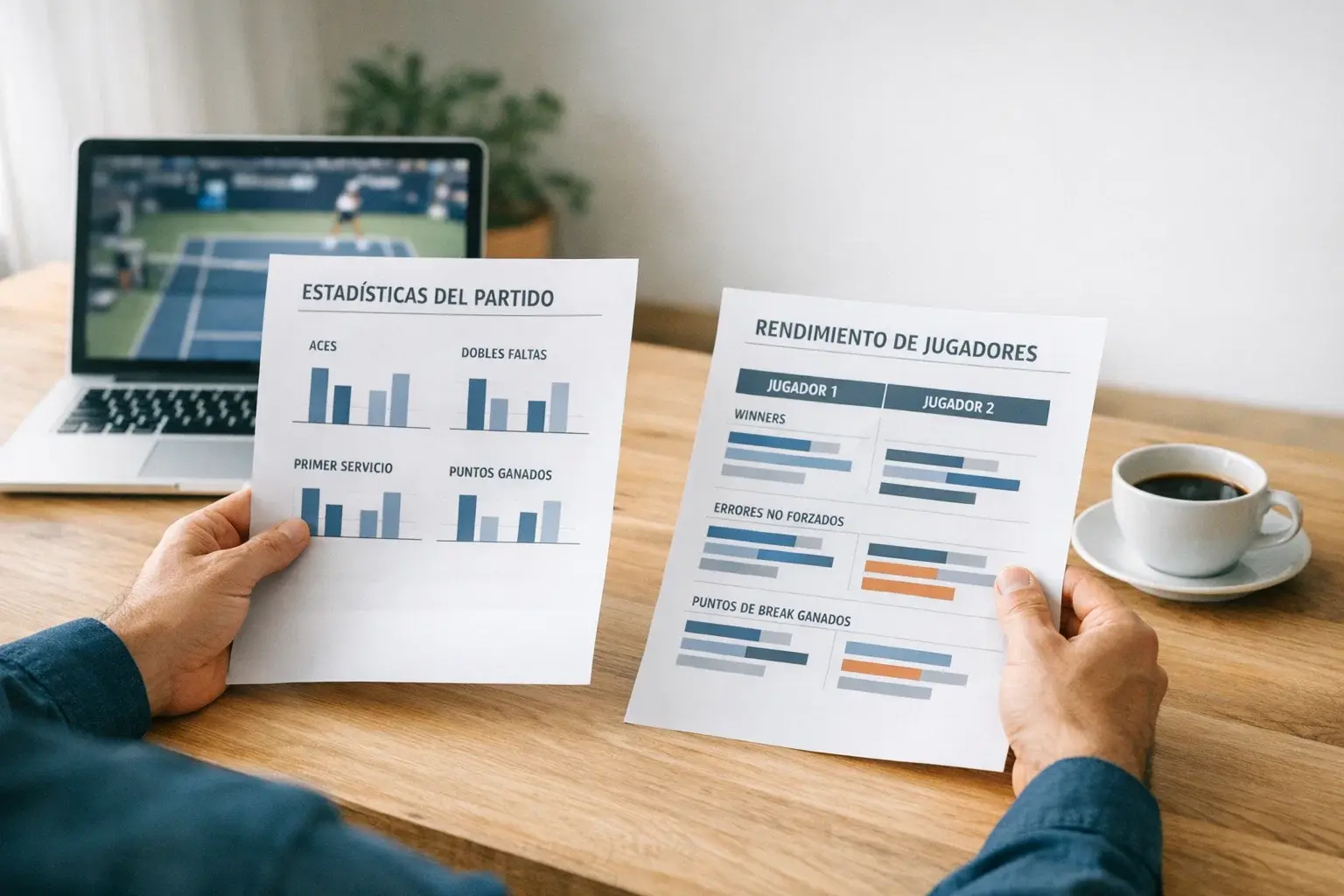Analista revisando estadísticas de partidos de tenis en documentos