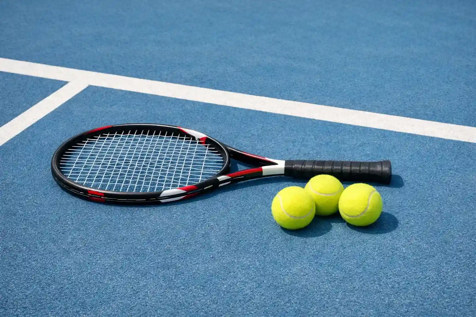 Raqueta de tenis junto a pelotas amarillas en una pista profesional