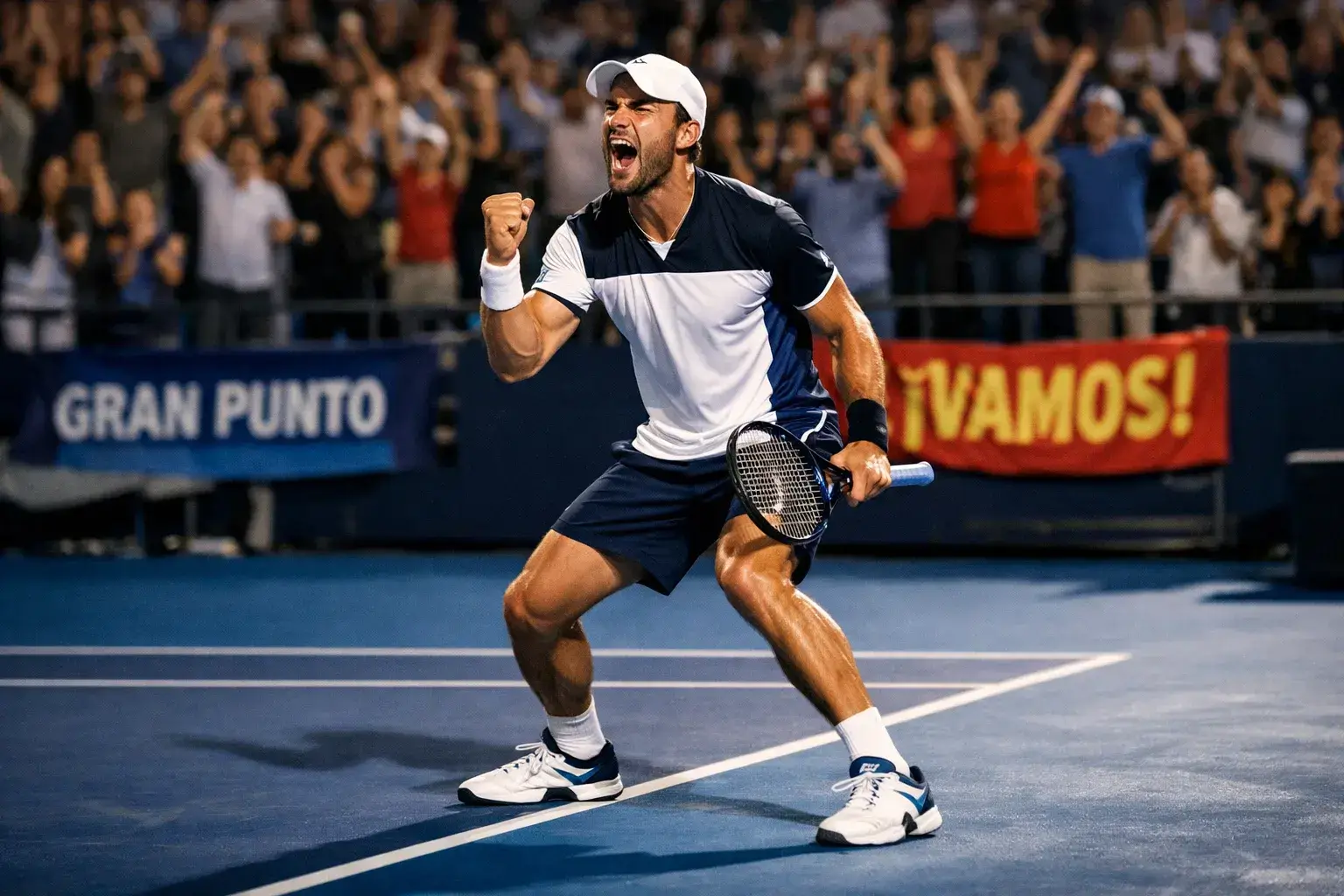 Tenista celebrando un punto importante durante partido con público animando